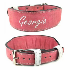 custom-leather-weightlifting-belt-pink-suede-white-text-training-silver-single-prong-buckle