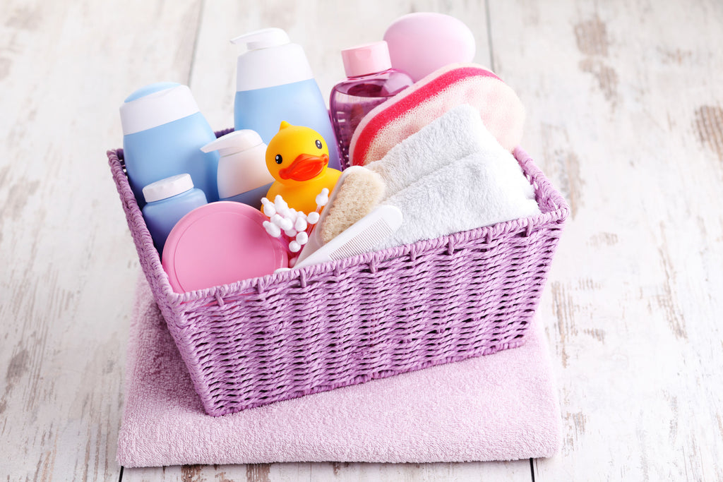 Baby products in basket on bathroom counter
