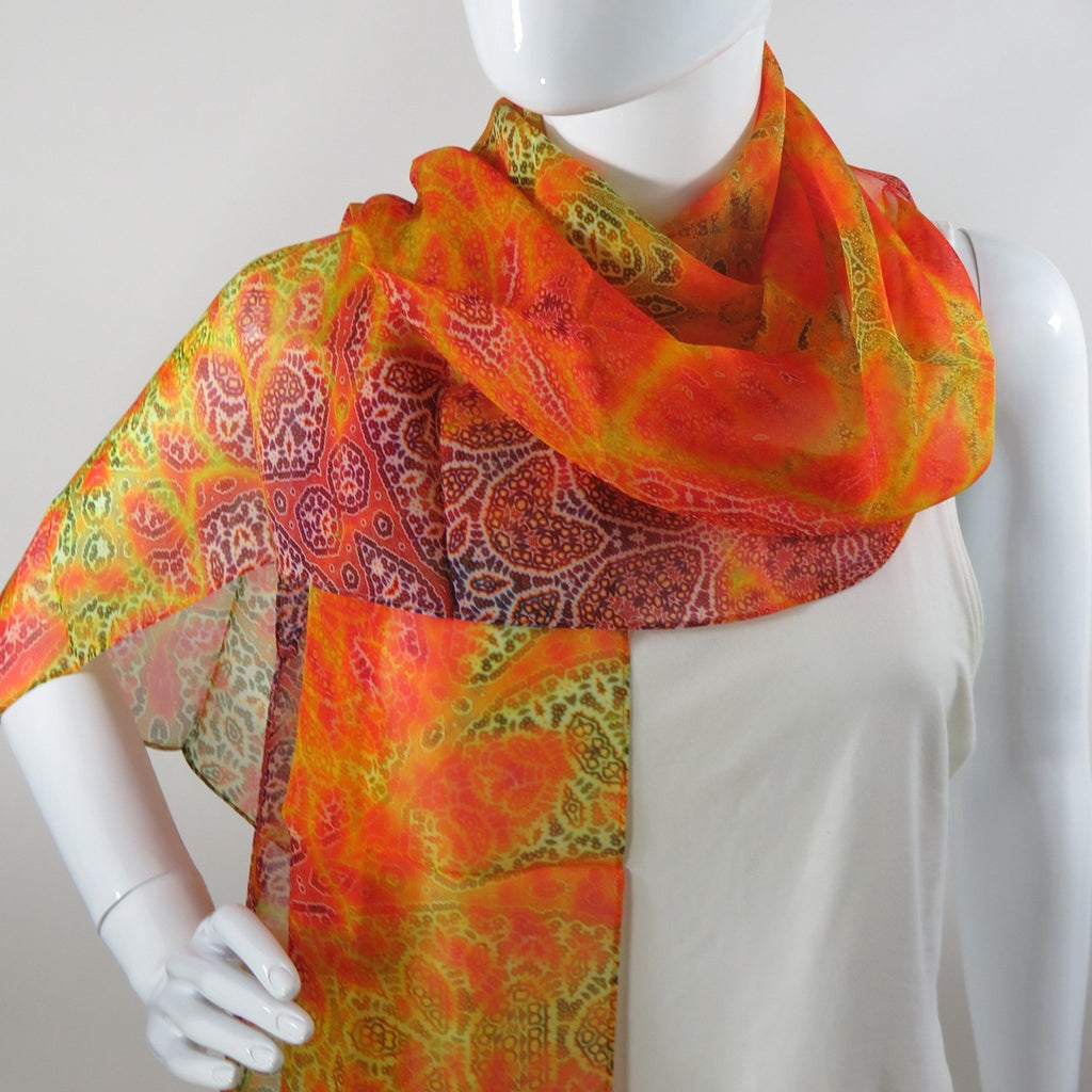 Orange Summer Scarf in Silk Chiffon, Fractal paisley 