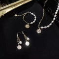 Women's Natural Fresh Water Pearl Coin Set. Earrings with Necklace and Bracelet.