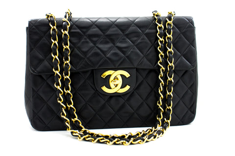 Chanel Large Classic Handbag 11Chain Shoulder Bag Flap Black Lamb h44