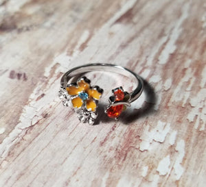 Sterling Silver .925 adjustable enamel flower and butterfly ring