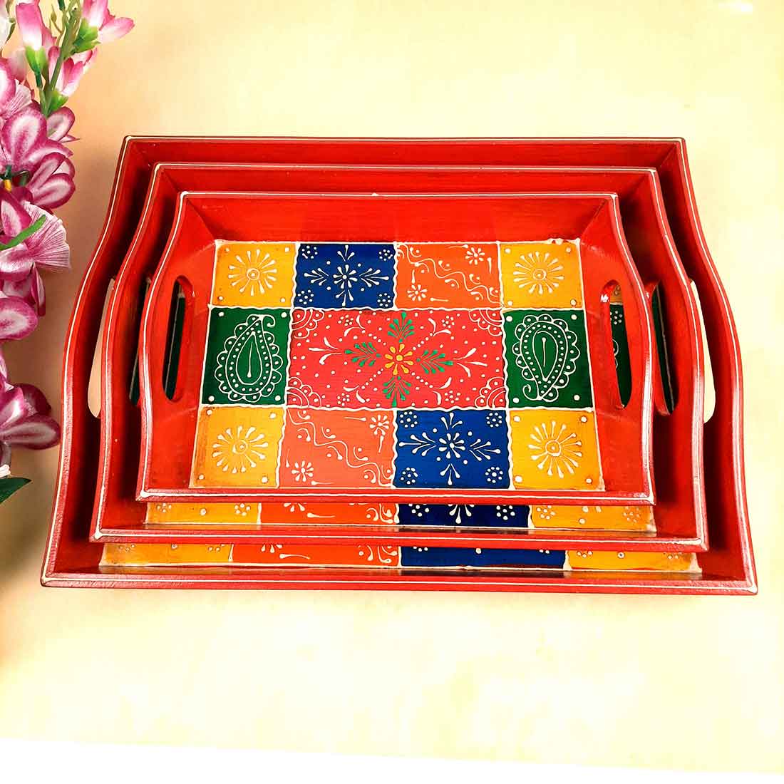 Serving Tray / Table Decor Showpiece: Hand carved serving tray painted –  TAMARA HOME DECOR