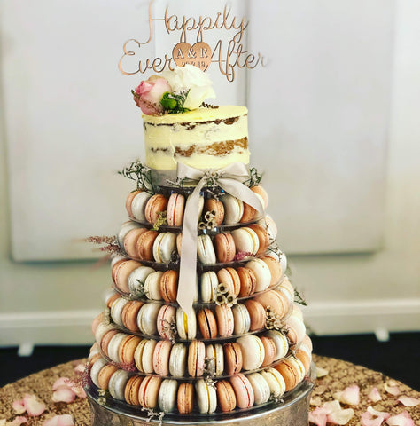 Macaron Wedding Cake with Rose Gold, blush pink and silver macarons