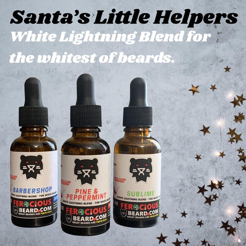 Image of 3 White Lightning Beard Oil Bottles in the scents Barbershop, Pine & Peppermint & Sublime