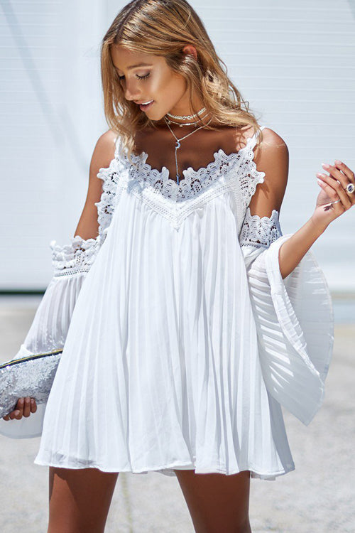 Lace Embroidered Cold Shoulder Pleated Dress - 2 Colors