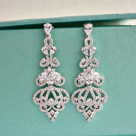 Art Deco Bridal Chandelier Earrings, CZ Crystal Wedding Earrings, Long ...