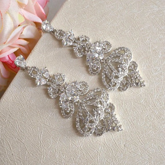 Art Deco Bridal Chandelier Earrings, CZ Crystal Wedding Earrings, Long ...
