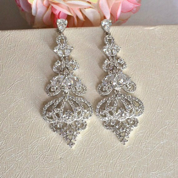 Art Deco Bridal Chandelier Earrings, CZ Crystal Wedding Earrings, Long ...