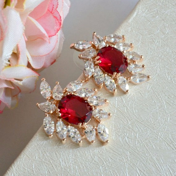 Art Deco Ruby Rose Gold CZ Bridal Earrings. Red Sunburst Crystal Stud ...