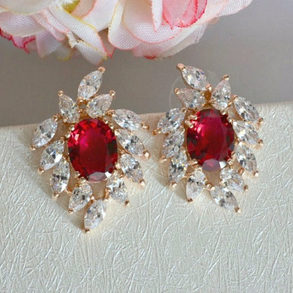 Art Deco Ruby Rose Gold CZ Bridal Earrings. Red Sunburst Crystal Stud ...