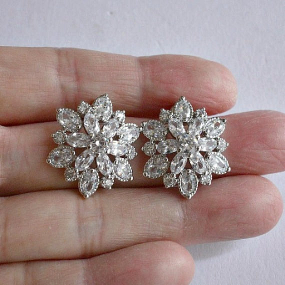 Silver Cubic Zirconia Flower Cluster Stud Earrings, Sunburst Crystal S ...