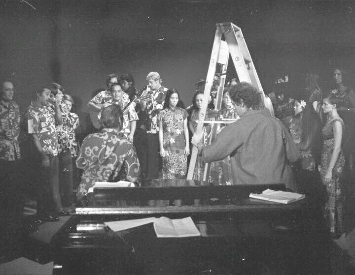 Backstage during the taping of The New World TV series at KITV Honolulu, 1970s