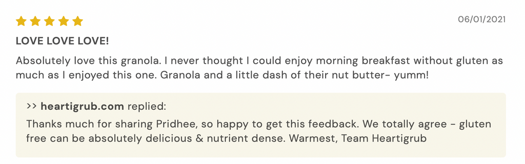 Client Feedback/ review on our Gluten free Granola \ heartigrub