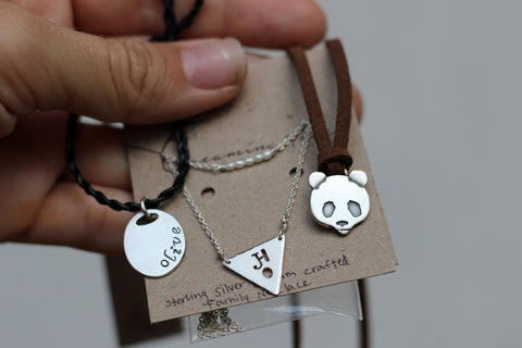 custom triangle panda and olive necklaces for sisters and mom