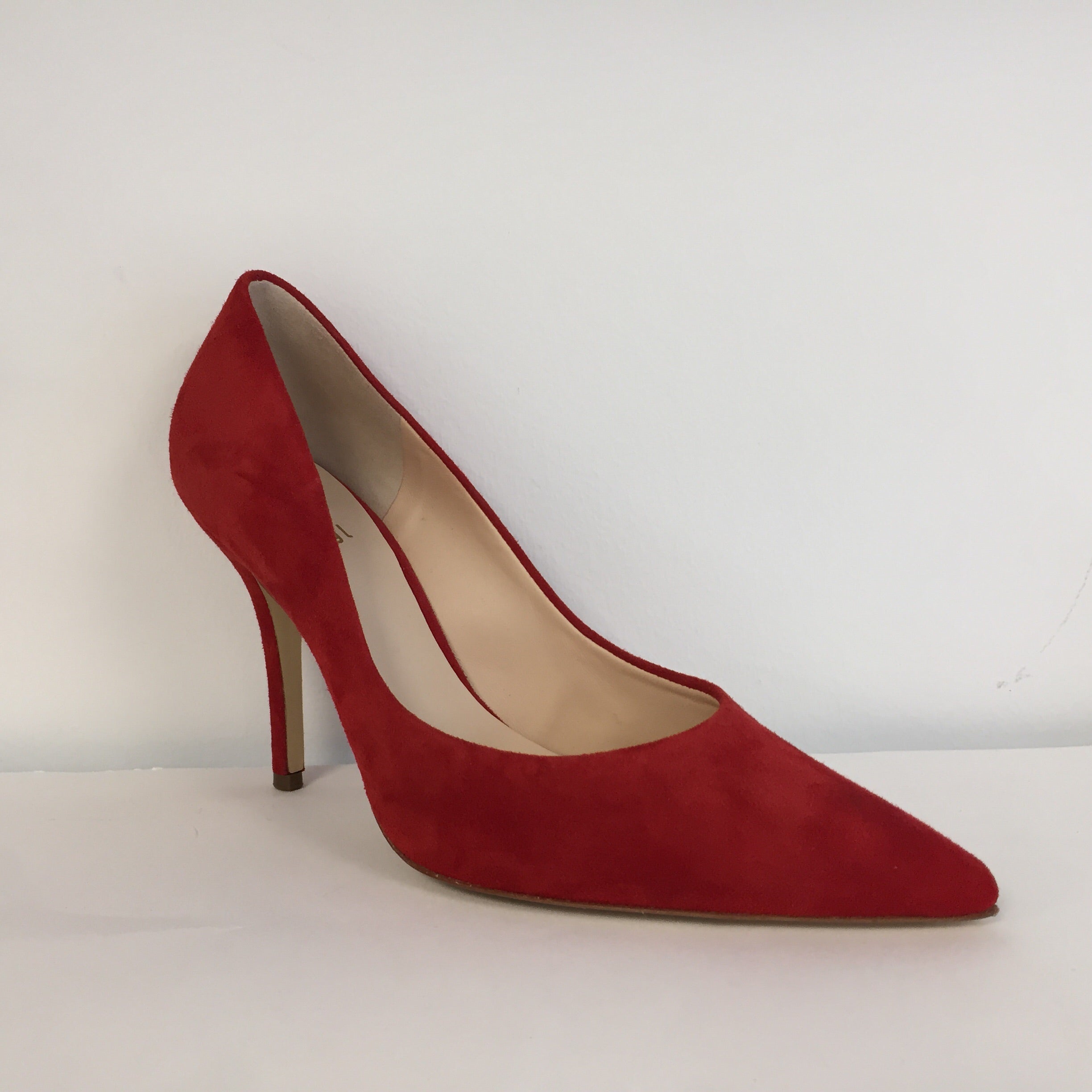 red suede court shoes