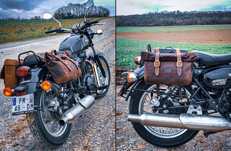 Saddlebags mounted on a scrambler Benelli.