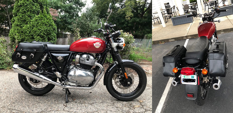 Royal Enfield Interceptor with black leather panniers.