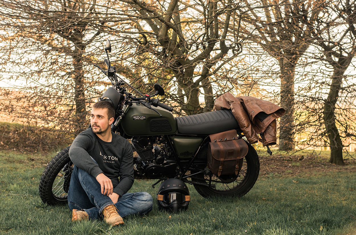 Biker travels with Brixton 125 cc scrambler.