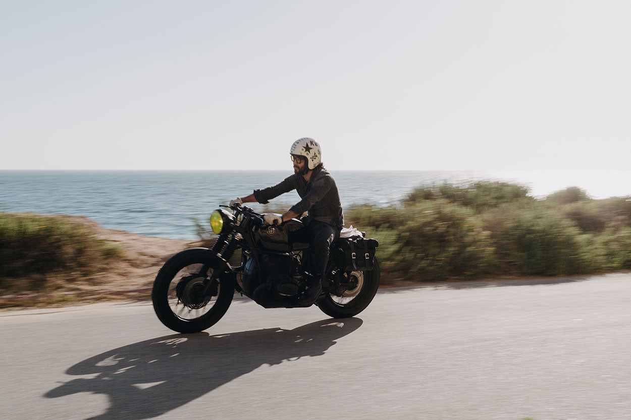 Riding BMW R100 brat motorcycle.