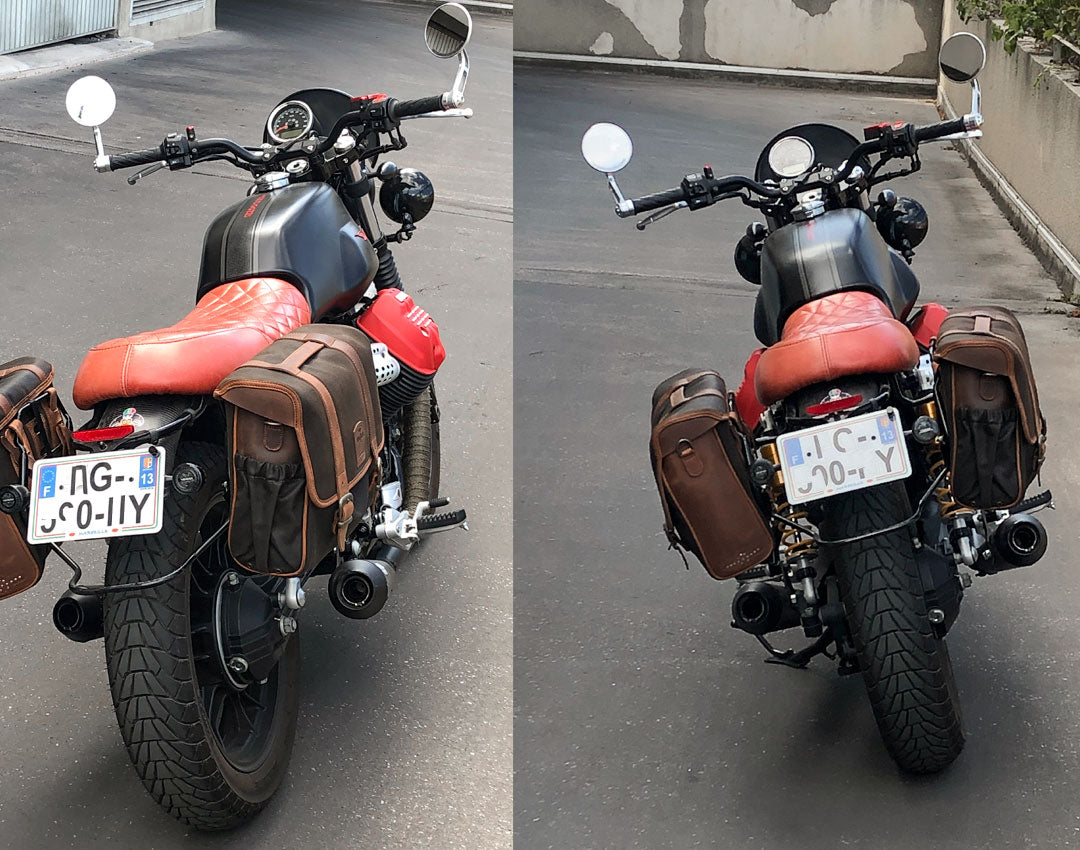 Moto Guzzi Carbon Red with saddlebag.