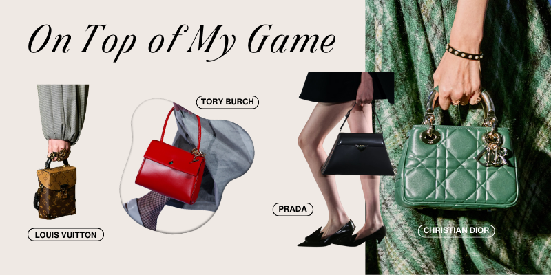 4 brands (Louis Vuitton, Tory Burch, Prada, Christian Dior) showcasing their top-handle bag collection for the FW2023 fashion season.