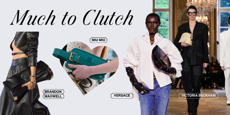 4 brands (Brandon Maxwell, Miu Miu, Versace Victoria Beckham) showcasing their clutch bag collection for the FW2023 fashion season.