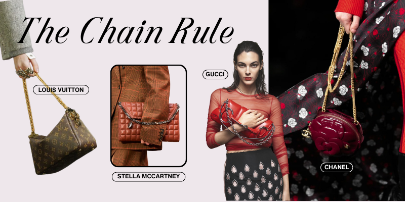 4 brands (Louis Vuitton, Stella McCartney, Gucci, Chanel) showcasing their chain bag collection for the FW2023 fashion season.