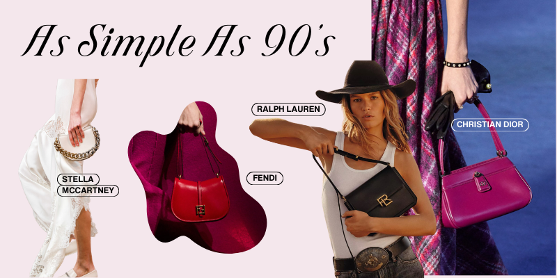 4 brands (Stella McCartney, Dior, Ralph Lauren, Fendi) showcasing their simple designed bags for the FW23 fashion season..