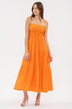 WAIST TIE SHIRRED TIERED MIDI DRESS