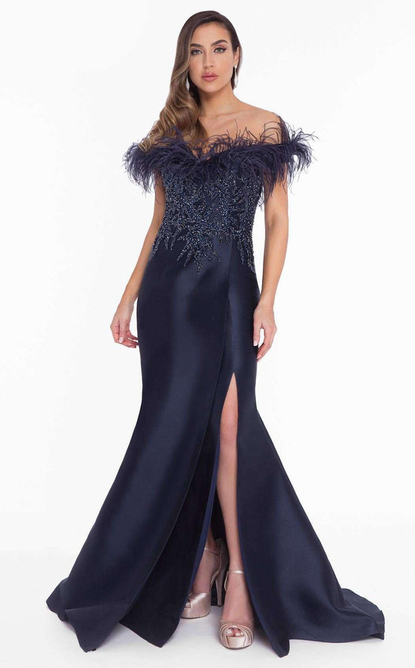 formal dress with feathers