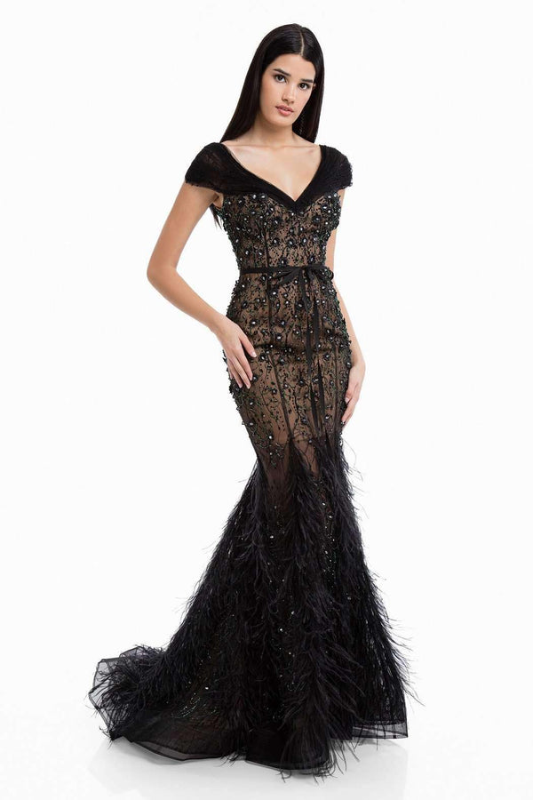 formal dress with feathers