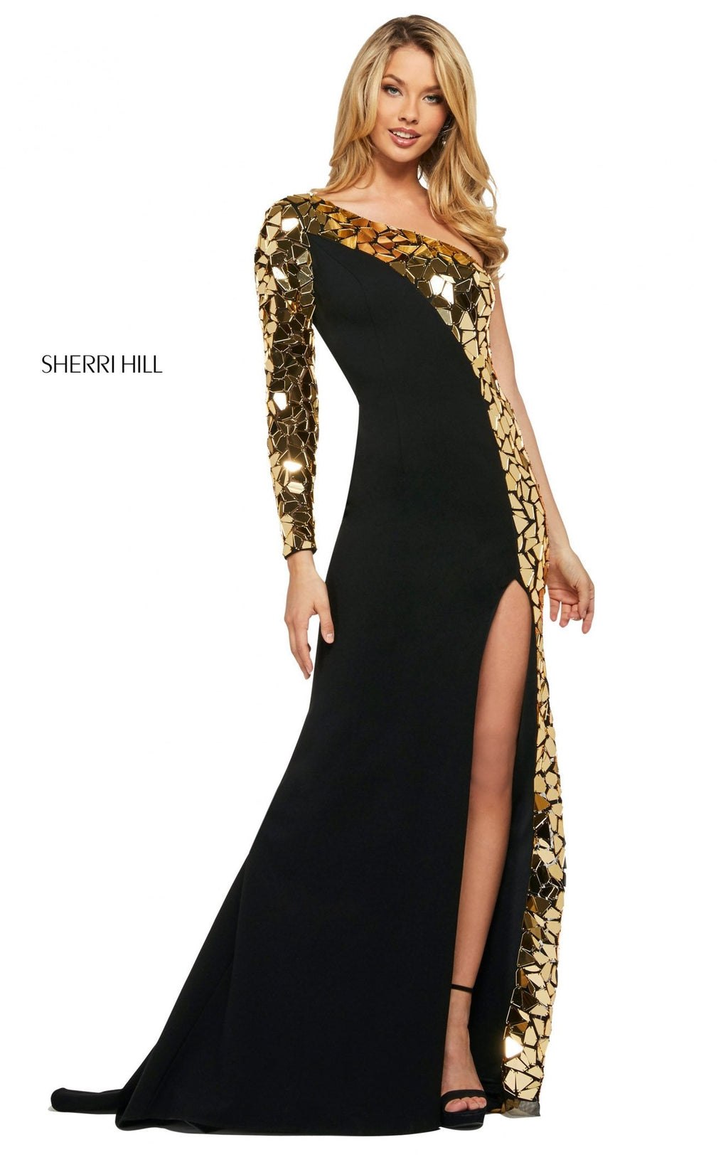 sherri hill black and gold dress