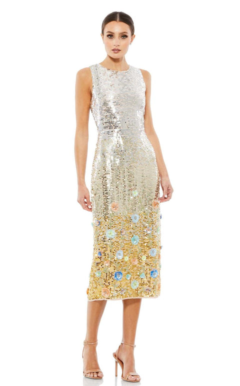 Woman in a metallic fully sequined tea-length Mac Duggal dress, Mac Duggal Dresses