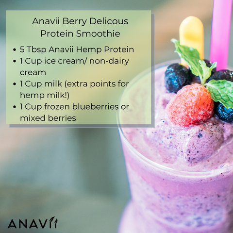 Recipe for Anavii Berii Delicious Protein Smoothie: 5 TBSP Anavii Health Hemp Protein, 1 Cup Ice Cream or Non-Dairy Cream, 1 cup milk or hemp milk, 1 cup frozen blueberries or mixed berries