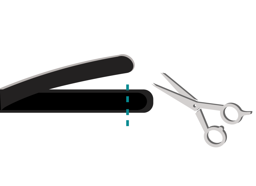 Illustration of padded strap with line indicating where scissors will trim it so the padding and strap won't overlap