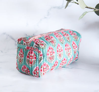 Large Cosmetic bag - Makeup bag - Block print fabric travel pouch