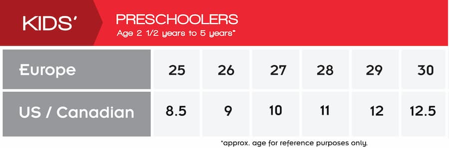 Pre school shoe size conversion chart US/Canada to European