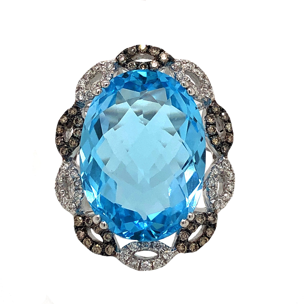 Oval Blue Topaz, White and Chocolate Colored Diamond Ring 14K White Go