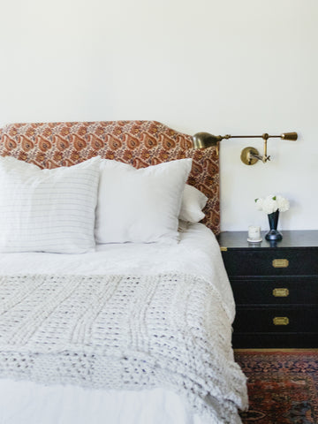 slipcovered headboard with block print