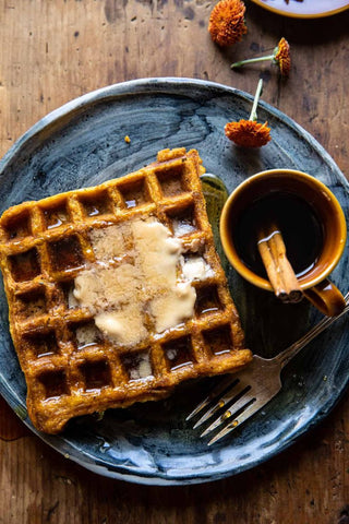 cider pumpkin waffles with salted maple butter