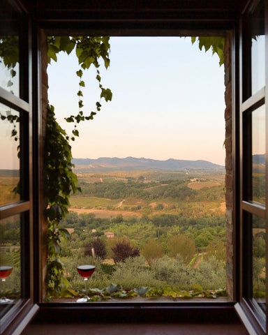 glass of wine in window in tuscany