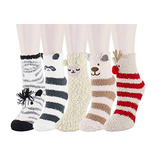 NKTIER 6 Pairs Fluffy Socks,Winter Fuzzy Socks Coral Fleece Warm Cute Cat Paw  Socks Novelty New Year Xmas Gifts For Women Kids Adults 