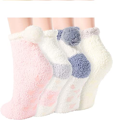 Popuid 6 Pairs Women Fuzzy Socks with Grips Non Slip Cozy Plush