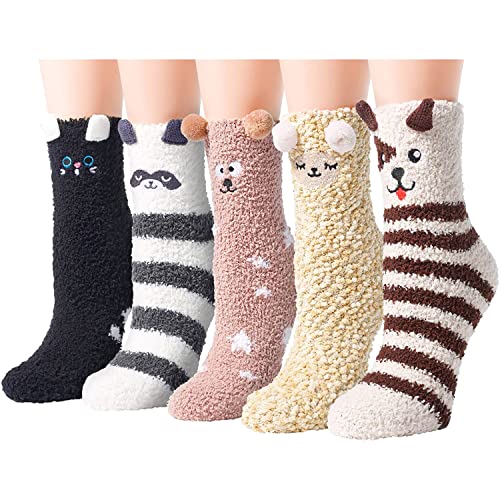 NKTIER 6 Pairs Fluffy Socks,Winter Fuzzy Socks Coral Fleece Warm Cute Cat Paw  Socks Novelty New Year Xmas Gifts For Women Kids Adults 