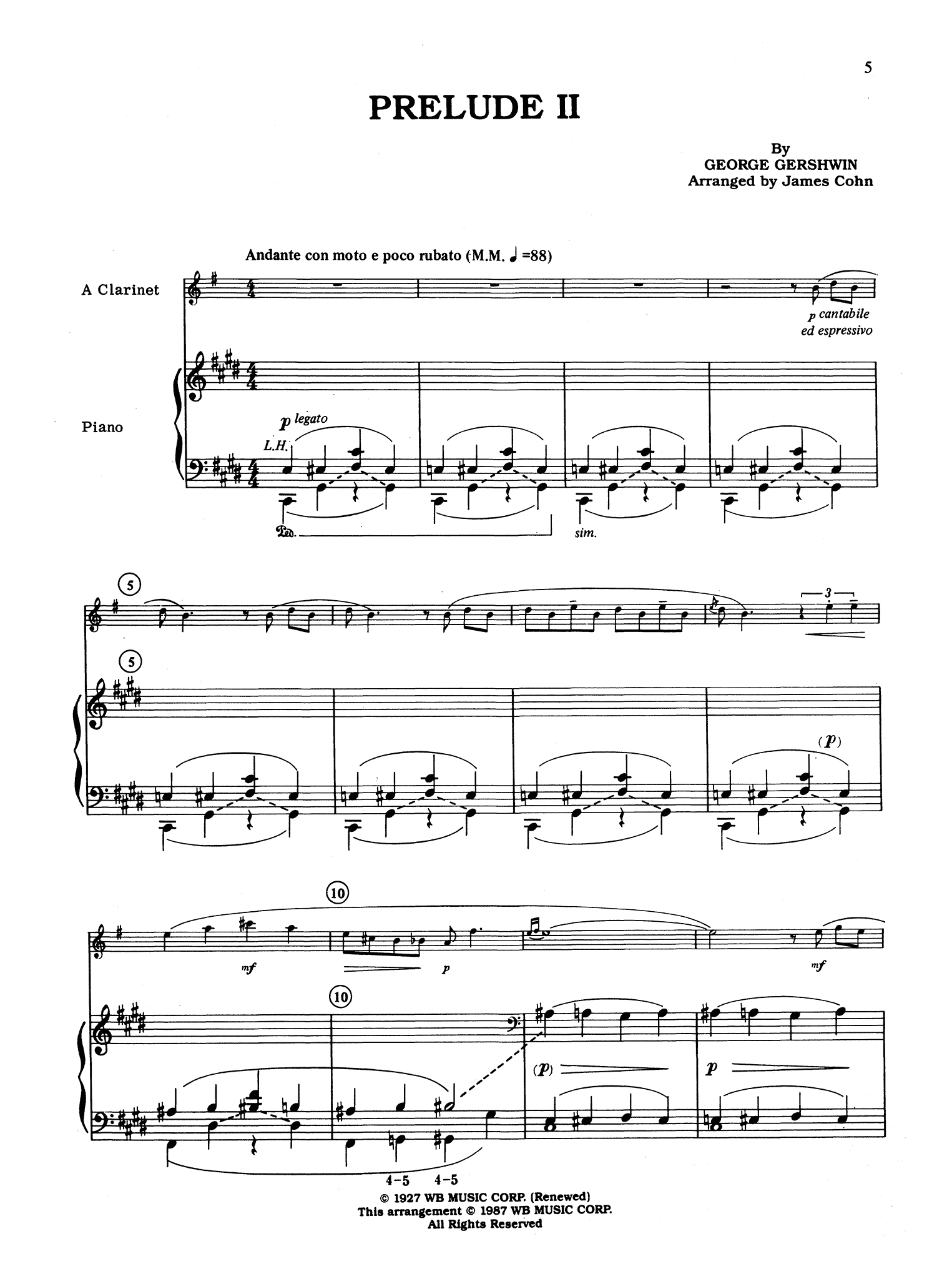 Gershwin 3 Preludes Arranged By Cohn For Clarinet Piano Alfred Camco