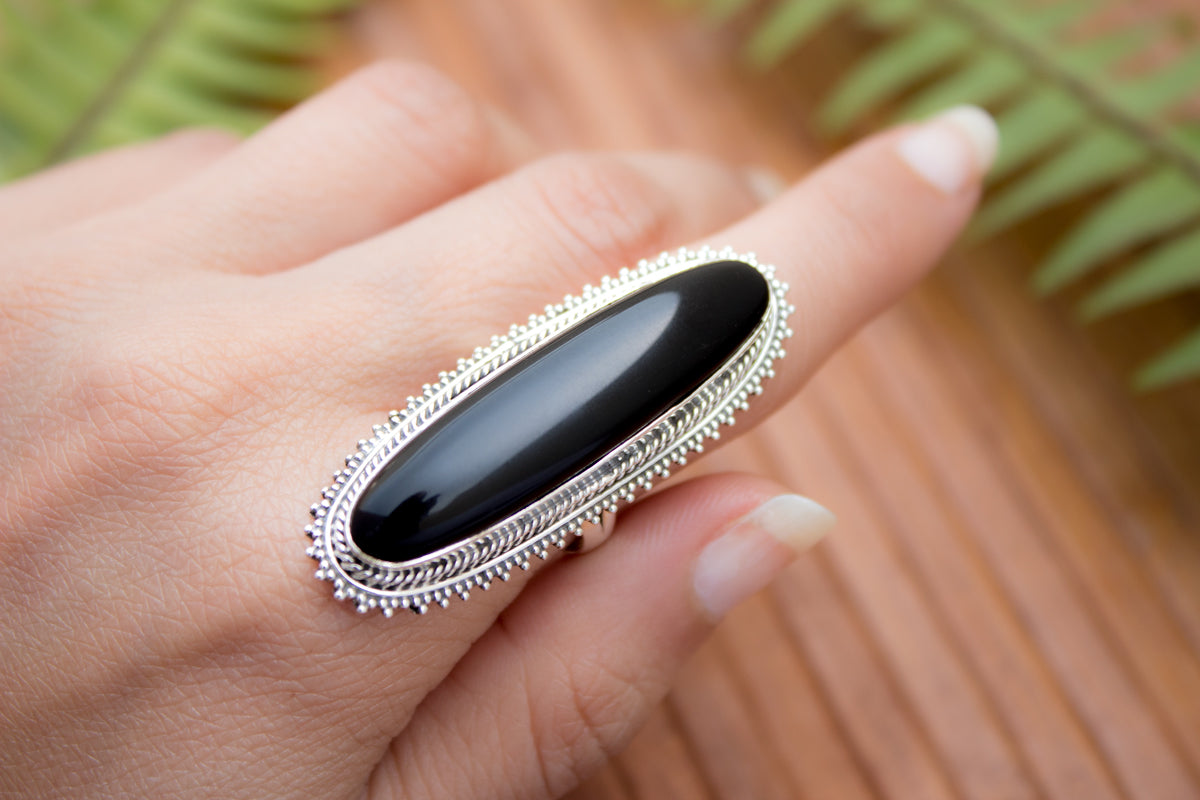 Long Oval Black Onyx Gemstone Ring Bohemian Style Black Stone Ring A Its Ambra