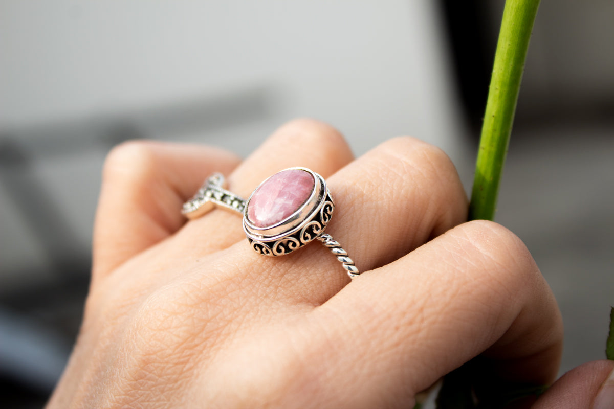 Rhodochrosite Ring, Natural Pale Pink Stone Ring, Rhodochrosite Sterli