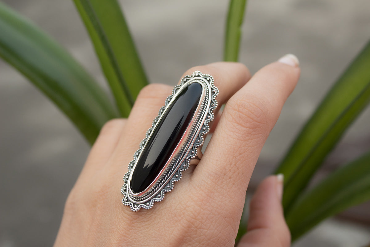 Long Oval Black Onyx Ring 925 Sterling Silver, Statement Ring, AR1015