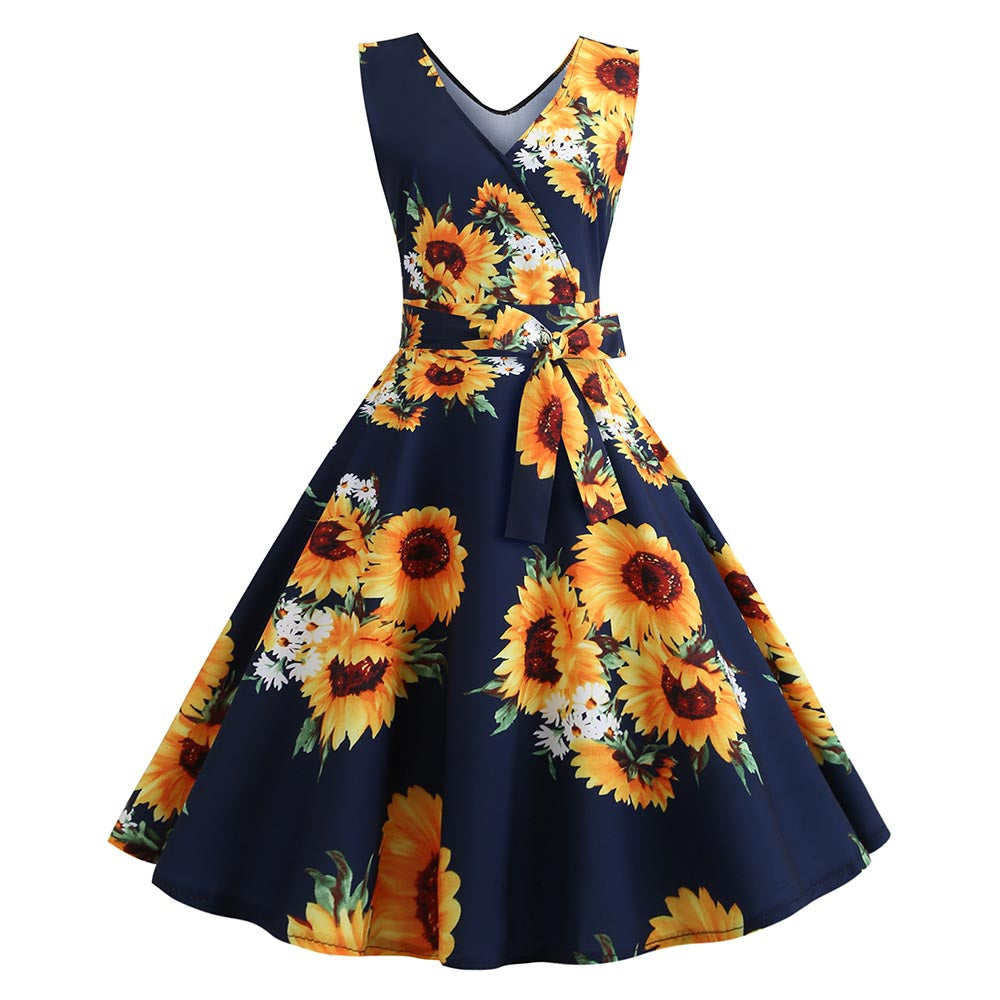 Sunflower Print Sleeveless Belted Flare Dress – 10 Dollar Store